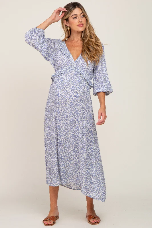 ladies-midi-dress-budget-beauty-Blue Floral Ruffle V-Neck Maternity Midi Dress