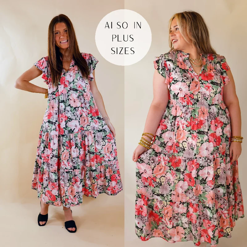 ladies-midi-dress-retro-reverie-Strolling Down Sunset Floral Tiered Midi Dress in Pink and Green Mix