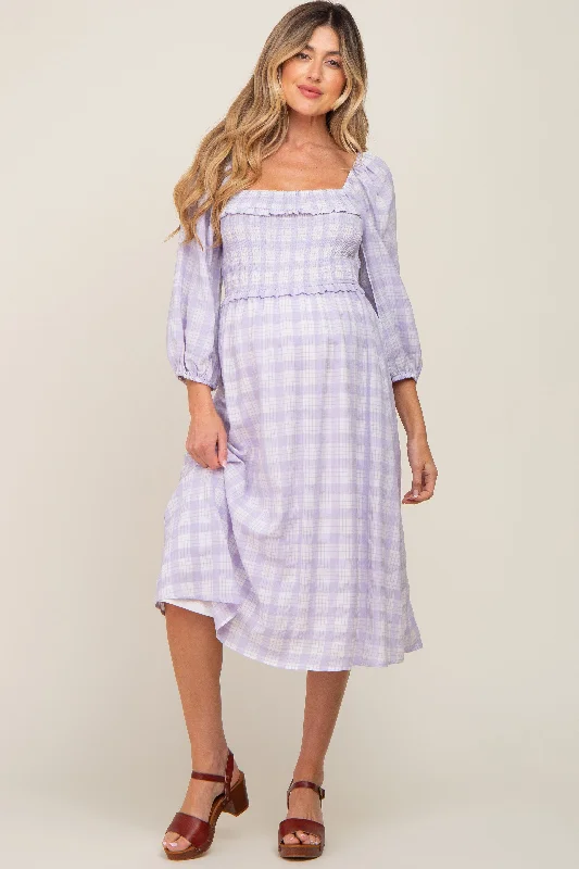 ladies-midi-dress-fresh-flair-Lavender Plaid Smocked Square Neck Lace-Up Back Maternity Midi Dress