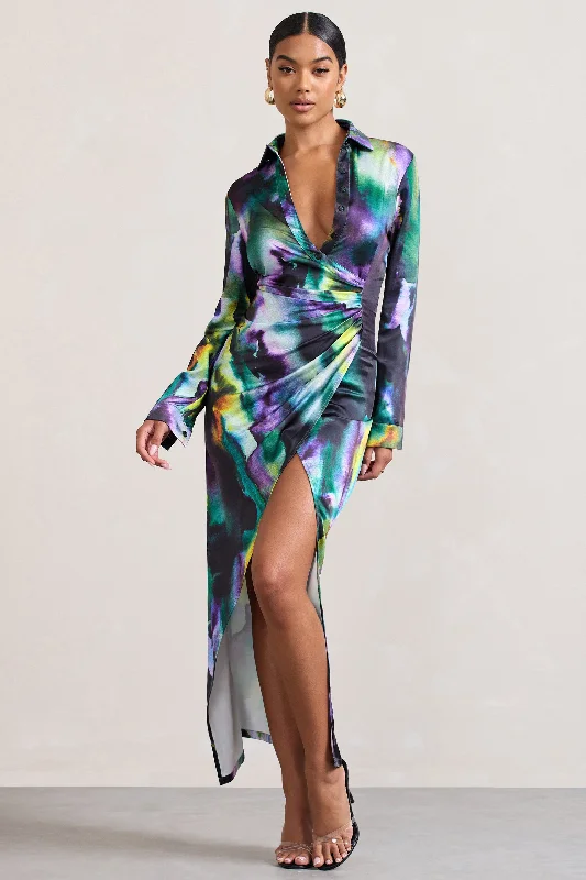 ladies-maxi-dress-soft-sheen-Oasis | Watercolour Print Satin Long-Sleeved Maxi Shirt Dress