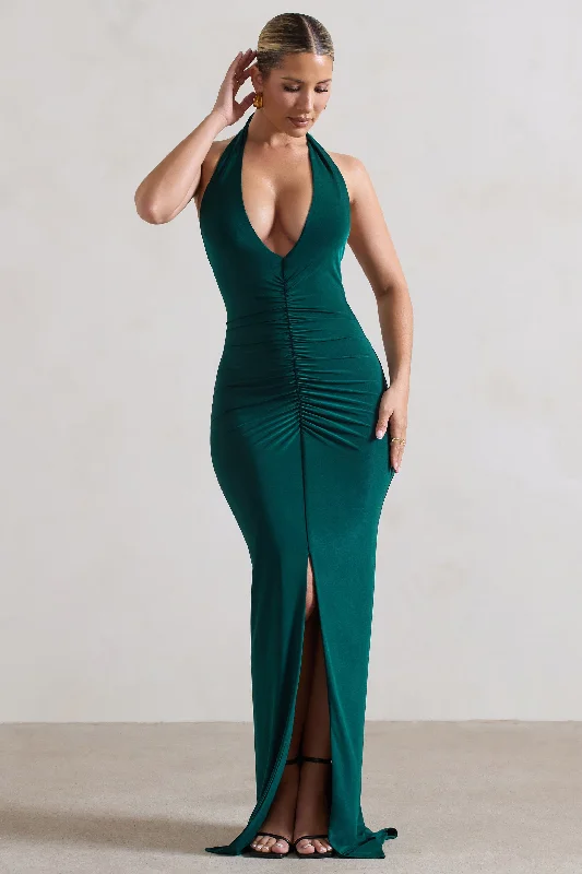 ladies-maxi-dress-crimson-cool-Rachel | Bottle Green Ruched Halter-Neck Split Maxi Dress