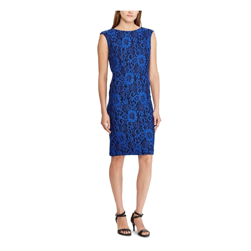 Women's party dress feminine -Ralph Lauren Women's Zippered Two Tone Floral Lace Boat Neck Above The Knee Body Con Party Dress Blue Size 6