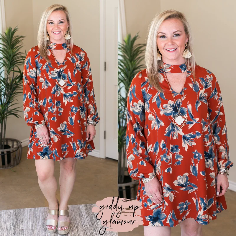 ladies-floral-dress-dainty-dusk-Last Chance Size Small | Honorable Mention Floral Print Keyhole Shift Dress in Rust Orange