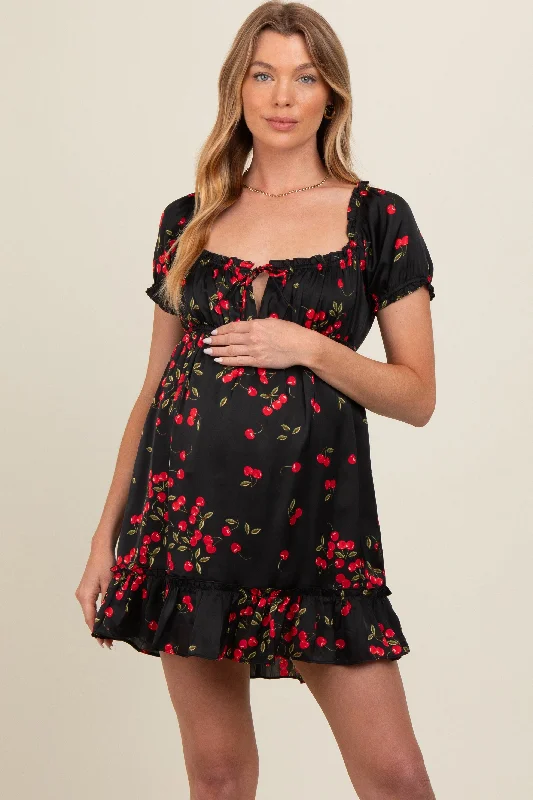 Women's mini dress ice flair -Black Cherry Puff Sleeve Maternity Mini Dress