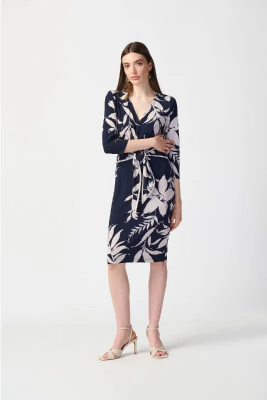 ladies-floral-dress-plunge-petal-Joseph Ribkoff Midnight Blue/Beige Floral Print Faux Wrap Sheath Dress 241056