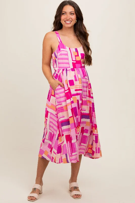 ladies-midi-dress-cinnamon-calm-Fuchsia Geo Printed Cut Out Back Detail Maternity Midi Dress