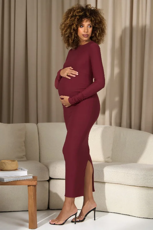 Women's bodycon dress dot chic -Dove | Vintage Berry Bodycon Long-Sleeve Maternity Maxi Dress