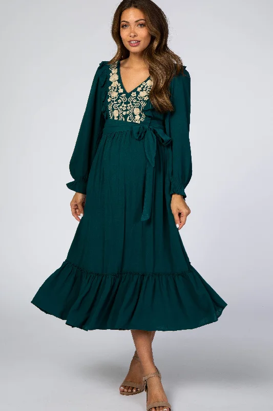 ladies-midi-dress-photo-prance-Emerald Floral Embroidered Ruffled Maternity Midi Dress