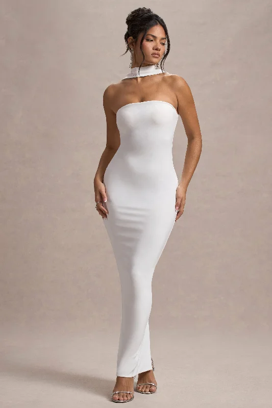 ladies-maxi-dress-wedding-wisp-Nobu | White Bandeau Maxi Dress With Halter-Collar