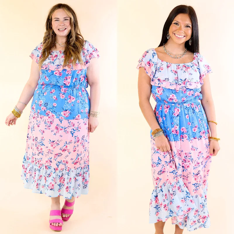 ladies-midi-dress-green-gleam-Tides In Tulum Floral Midi Dress with Ruffle Sleeves in Pink and Blue