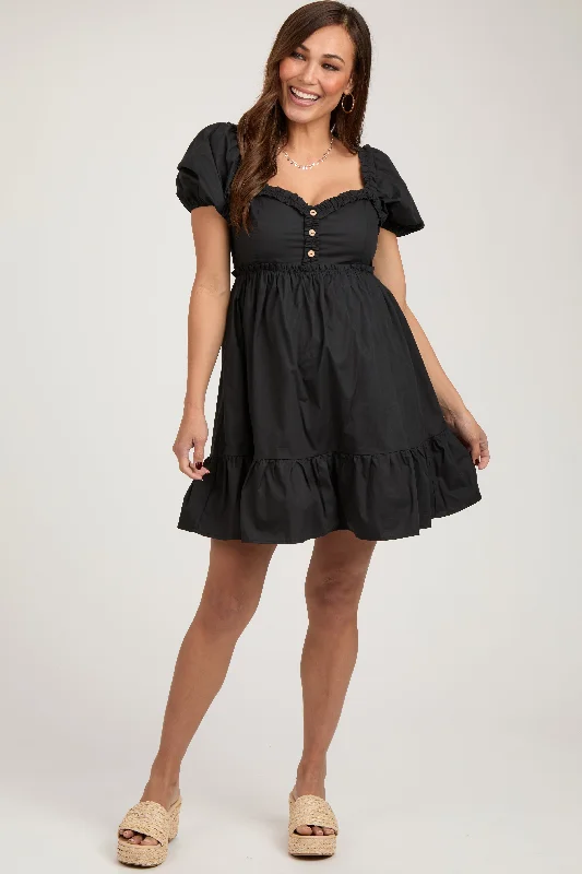 Women's mini dress 60s flair -Black Puff Sleeve Ruffle Accent Maternity Mini Dress