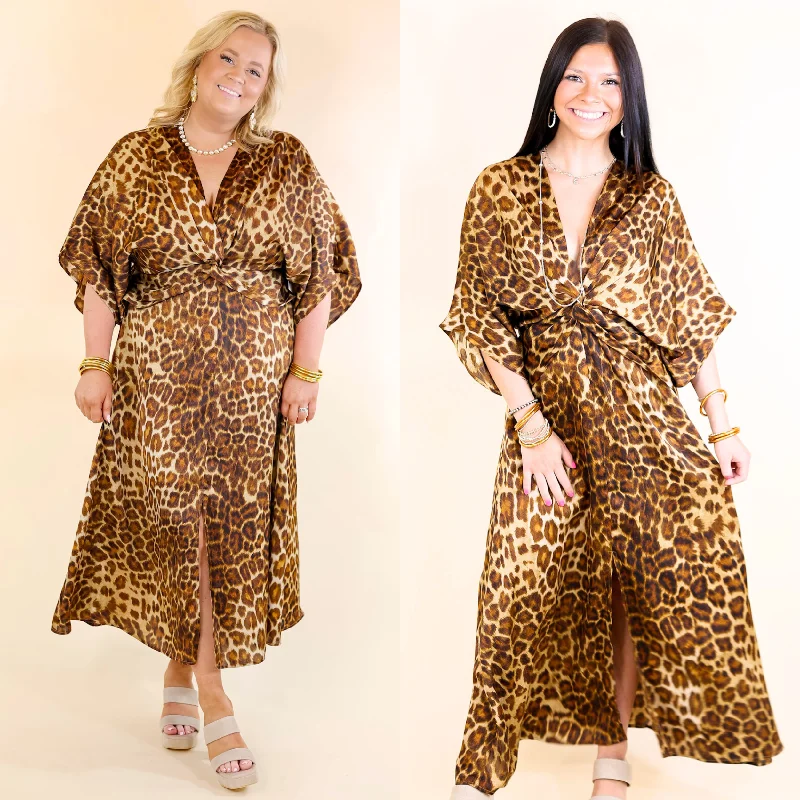 ladies-midi-dress-work-to-wisp-Take My Breath Away Front Knot Leopard Print Midi Dress in Brown