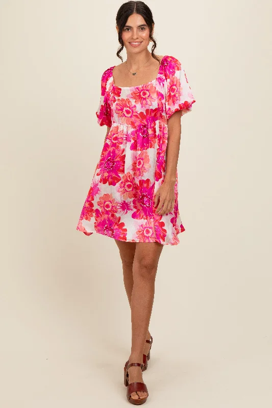 ladies-floral-dress-maroon-muse-Fuchsia Floral Puff Sleeve Dress