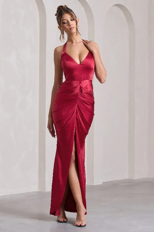 ladies-maxi-dress-petite-prance-Rebecca | Red Satin Plunge Halter-Neck Open-Back Split Maxi Dress