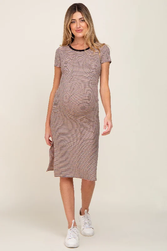 ladies-midi-dress-influencer-inspire-Beige Striped Side Slit Fitted Maternity Midi Dress