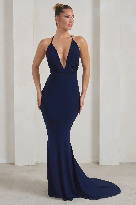 ladies-maxi-dress-metallic-mirth-Starlet |  Navy Plunge Maxi Dress With Multiway Straps