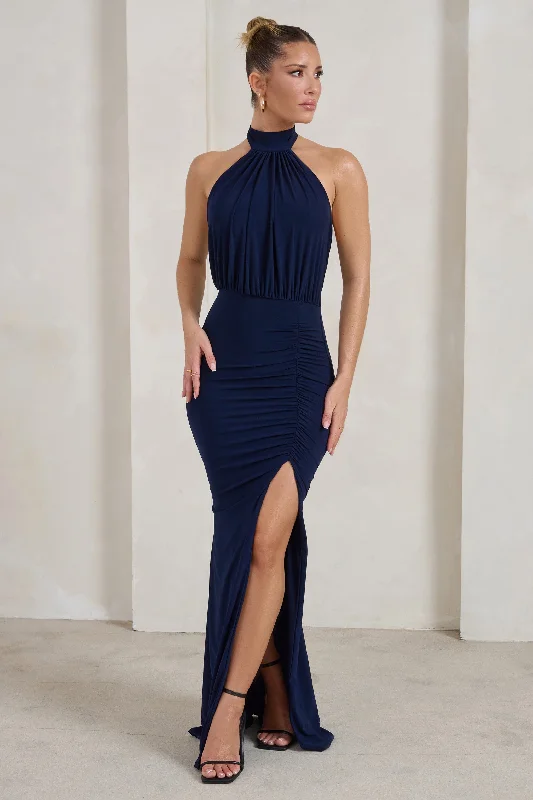 ladies-maxi-dress-sheer-shimmer-Forever Dreaming | Navy Backless Halterneck Ruched Split Maxi Dress