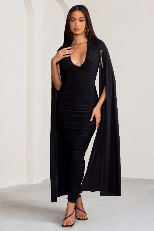 ladies-maxi-dress-rose-ripple-Georgiana | Black Plunge Ruched Maxi Dress with Cape Sleeves