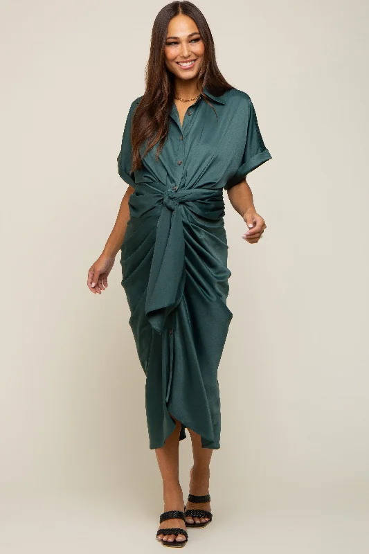 ladies-midi-dress-flared-finesse-Green Satin Button Down Gathered Maternity Midi Dress