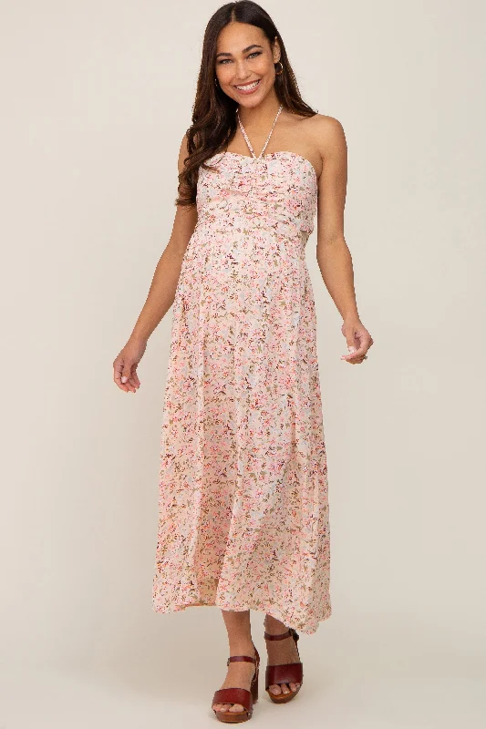 ladies-midi-dress-tiktok-treasure-Light Pink Floral Halter Tie Open Back Maternity Midi Dress