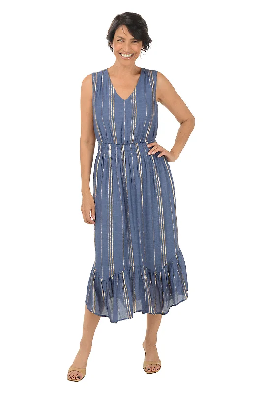 ladies-midi-dress-chiffon-cloud-Gold Striped Sleeveless Midi Dress