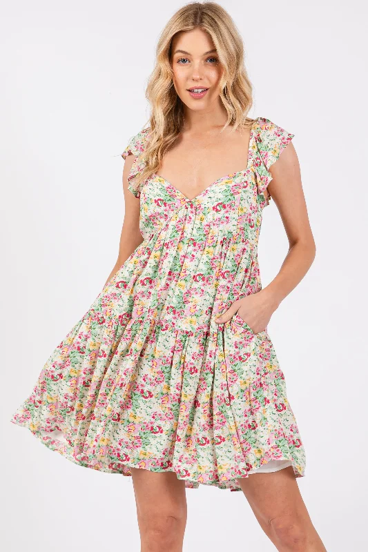 Women's mini dress lush pop -Cream Floral Tiered Mini Dress