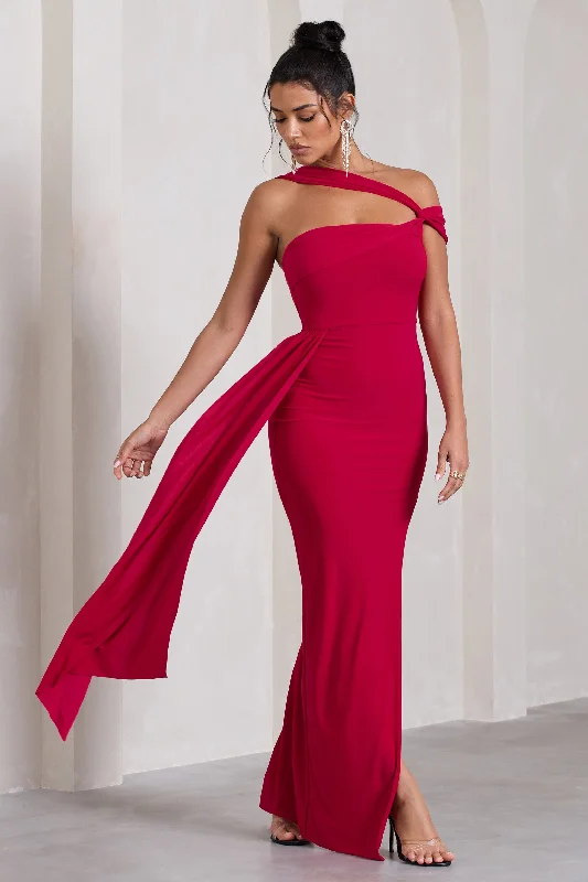 ladies-maxi-dress-statement-sway-To The Max | Red Strappy Asymmetric Split Maxi Dress With Drape