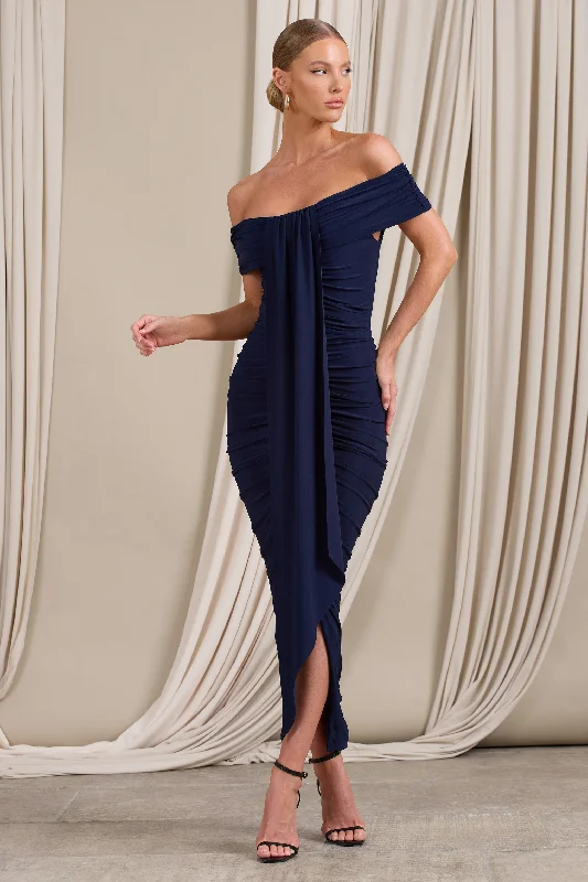 ladies-maxi-dress-sale-sweep-Camrin | Navy Ruched Bardot Maxi Dress With Train Detail