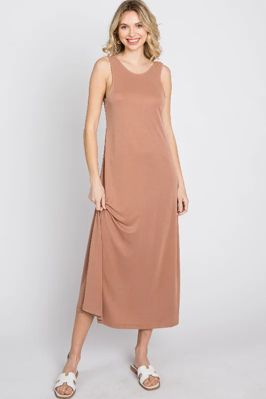 ladies-midi-dress-caramel-cascade-Mocha Low V-Back Sleeveless Midi Dress