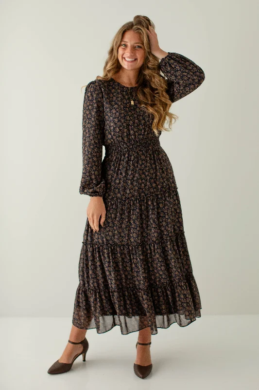 ladies-maxi-dress-dainty-dusk-'Ophelia' Smocked Waist Floral Chiffon Maxi Dress in Dark Navy