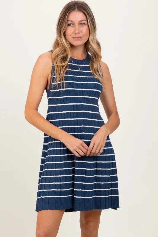 Women's mini dress task glow -Navy Ribbed Pleated Knit Sleeveless Mini Dress