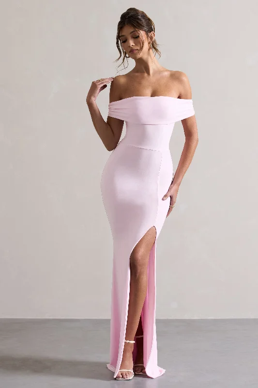 ladies-maxi-dress-heather-hush-Law of Attraction | Pink Bardot Draped Split Maxi Dress