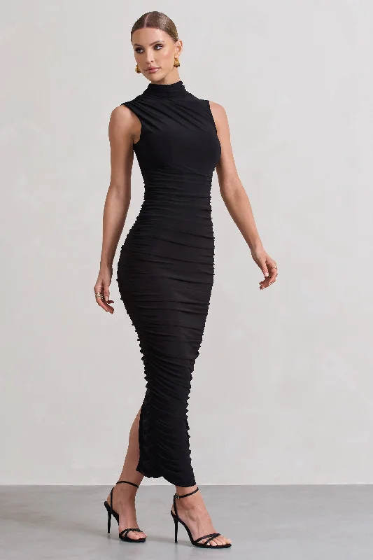 Women's bodycon dress date flair -Jaded | Black Bodycon Ruched High-Neck Open-Back Maxi Dress