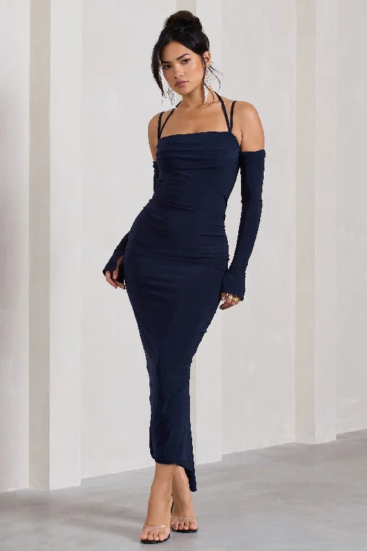 Women's bodycon dress rich chic -Jessie | Navy Strappy Long-Sleeved Bodycon Maxi Dress