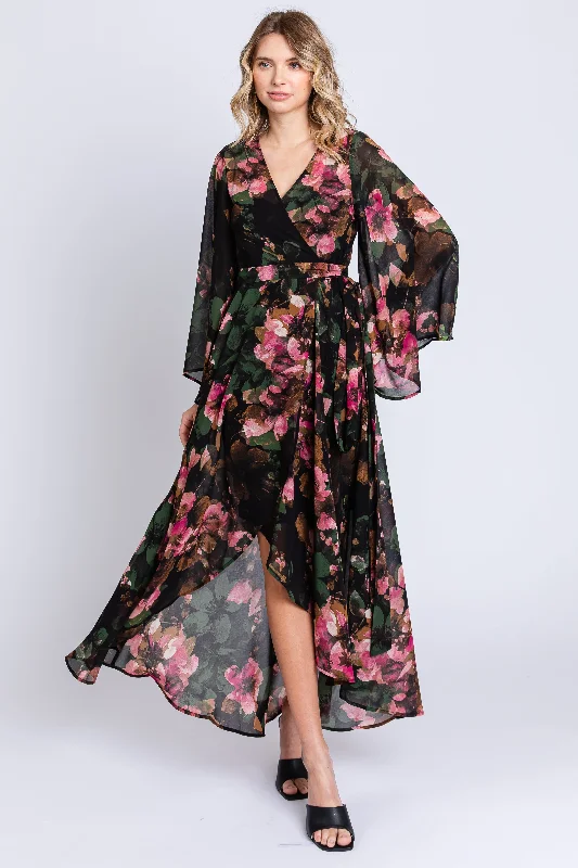 ladies-floral-dress-lightweight-lush-Green Floral Chiffon Wrap Front Hi-Low Dress