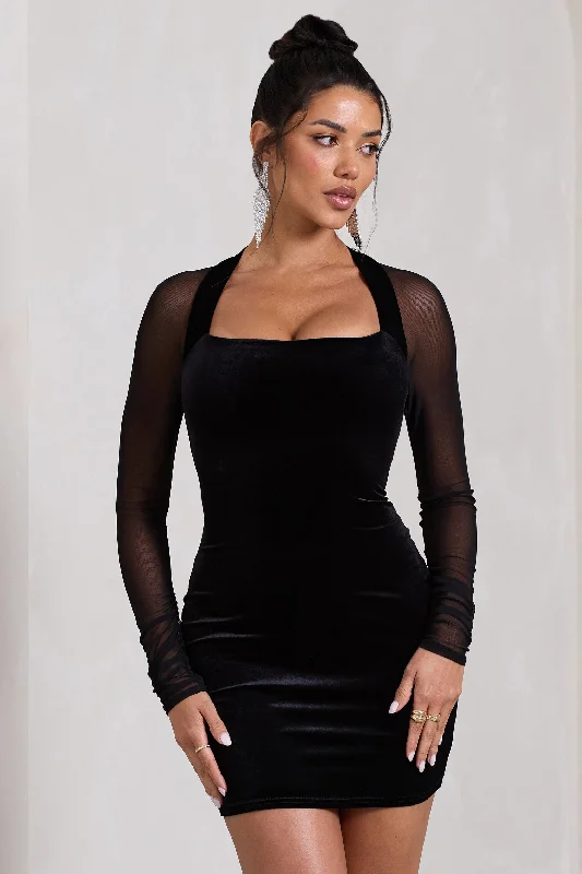 Women's bodycon dress hand pop -Off-Piste | Black Velvet Bodycon Mini Dress With Sheer Sleeves