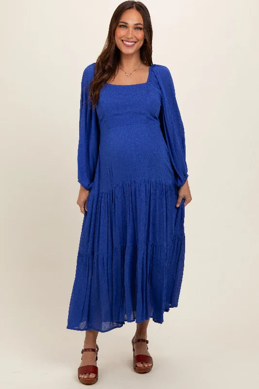 ladies-midi-dress-70s-vibe-Royal Blue Tiered Maternity Midi Dress