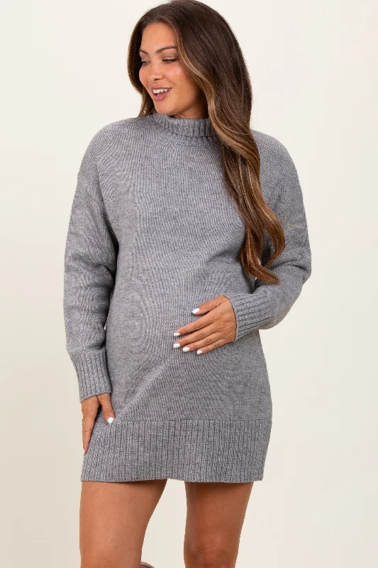 Women's mini dress sun chic -Heather Grey Turtle Neck Maternity Mini Sweater Dress