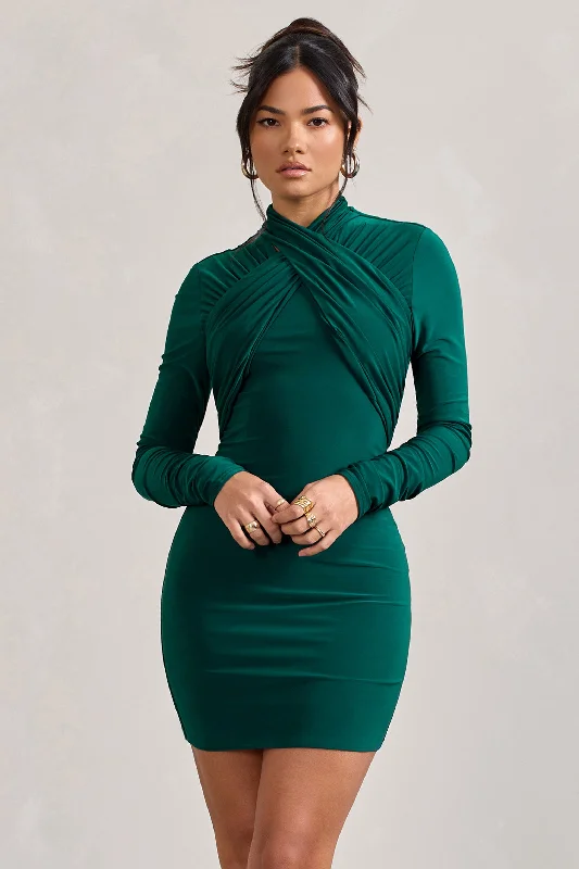 Women's bodycon dress tight glow -Eve | Bottle Green Crossed-Neck Long-Sleeved Bodycon Mini Dress