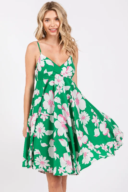 ladies-floral-dress-a-line-azalea-Green Floral Wrap Top Accent Dress