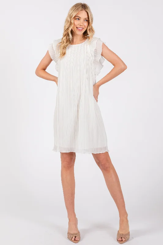 Women's mini dress edge glow -Ivory Flutter Sleeve Pleated Chiffon Mini Dress