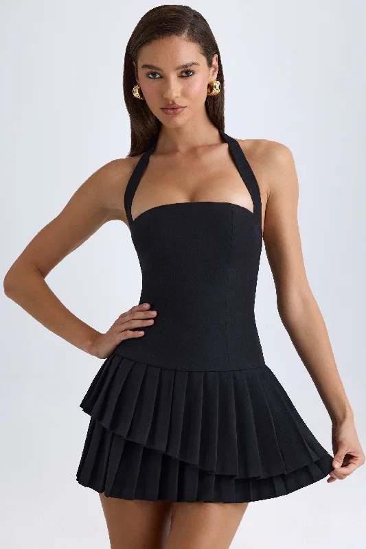 Women's mini dress flow chic -Asymmetric Layered Halterneck Mini Dress in Black