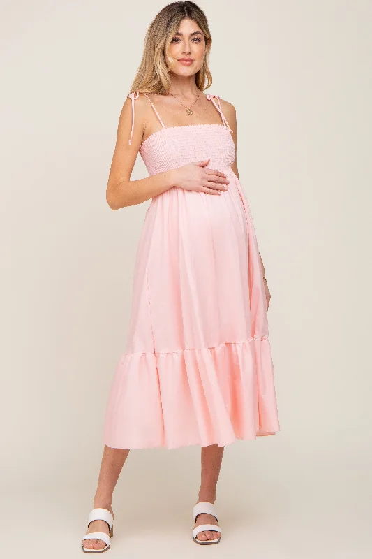 ladies-midi-dress-mauve-majesty-Pink Smocked Shoulder Tie Maternity Midi Dress