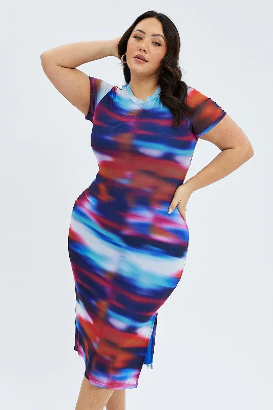 Women's bodycon dress curve chic -Multi Abstract Maxi Dress Mesh Cap Sleeve Bodycon