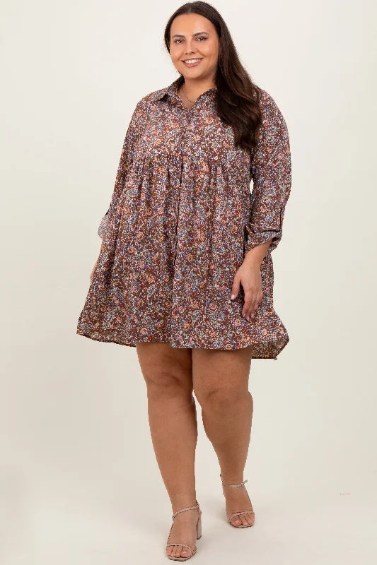 ladies-floral-dress-lavender-lush-Brown Floral Paisley Button Up Plus Dress