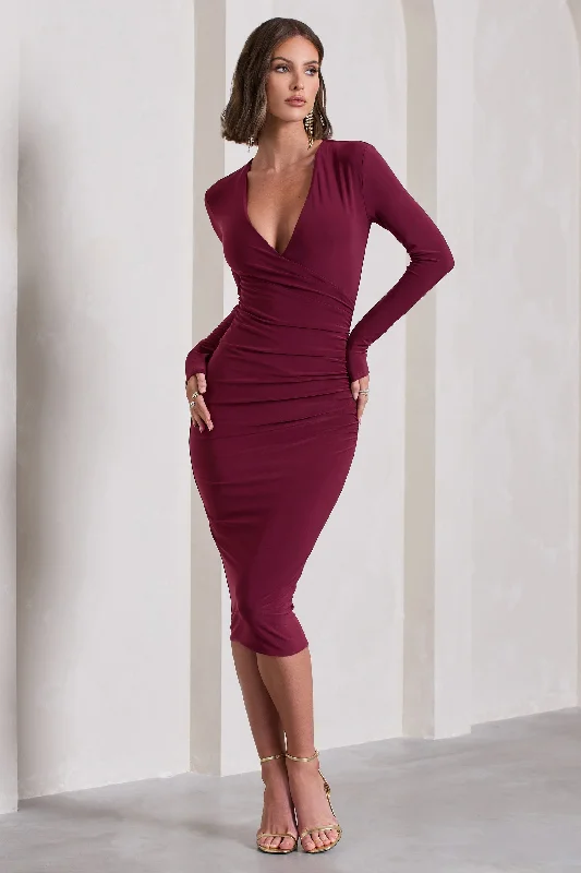 Women's bodycon dress grid flair -Marcia | Burgundy Bodycon Plunge-Neck Midi Dress