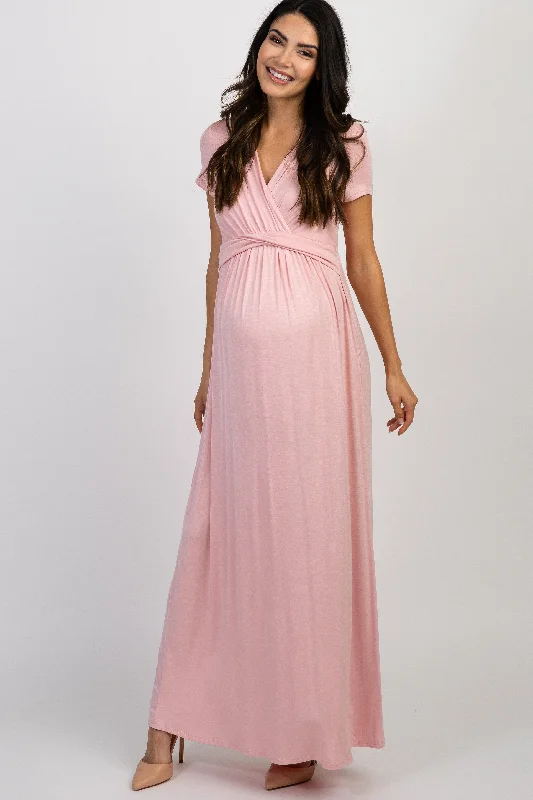 ladies-maxi-dress-cap-sleeve-cool-Tall Pink Draped Maternity/Nursing Maxi Dress