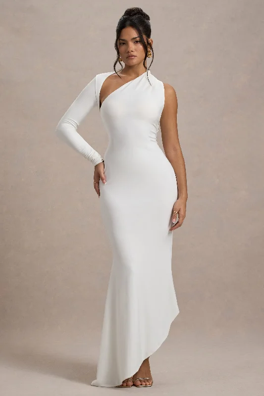 ladies-maxi-dress-date-night-dusk-Orsa | White One-Shoulder Asymmetric Maxi Dress