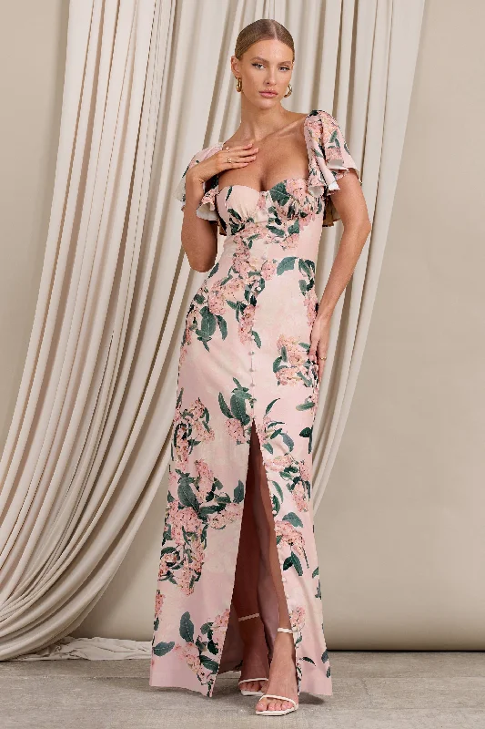 ladies-maxi-dress-cream-charm-Signorina | Pink Floral Buttoned Maxi Dress With Flounced Short Sleeves