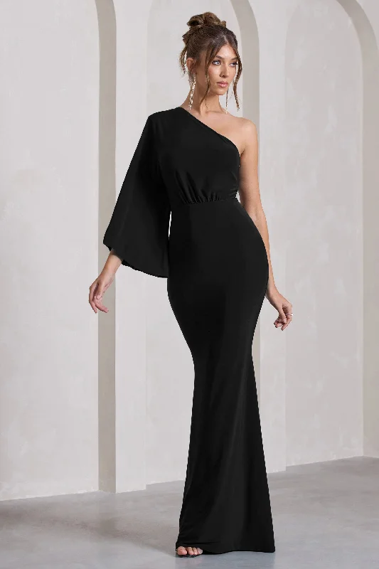 ladies-maxi-dress-salmon-sweep-Luciana | Black One Shoulder Drape Sleeve Maxi Dress